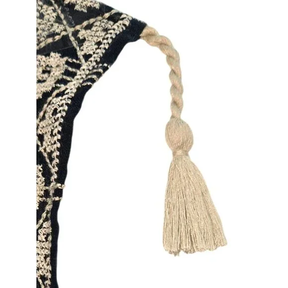 Margaret O'Leary Embroidered Navy Blue Cream Tassel Trim Scarf Shawl Wrap Boho
